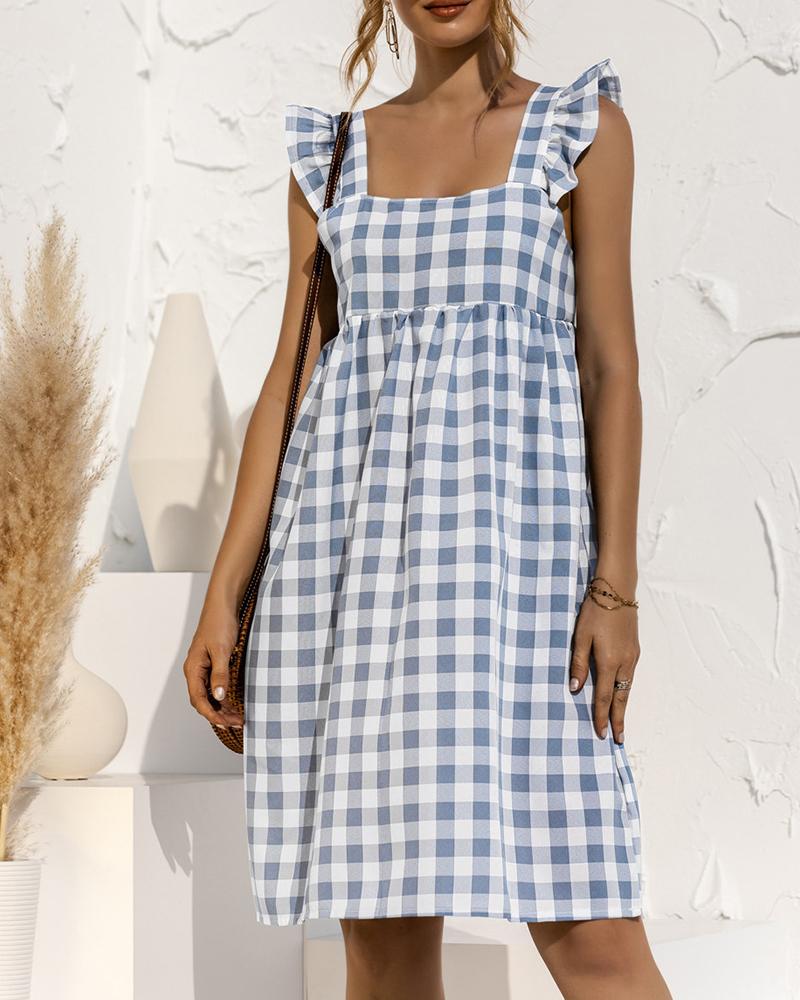 

Plaid Ruffle Hem Square Neck Casual Dress, Blue
