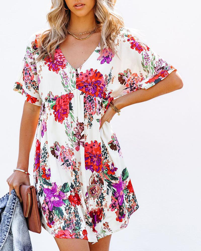 

V-Neck Floral Print Short Sleeve Dress, White