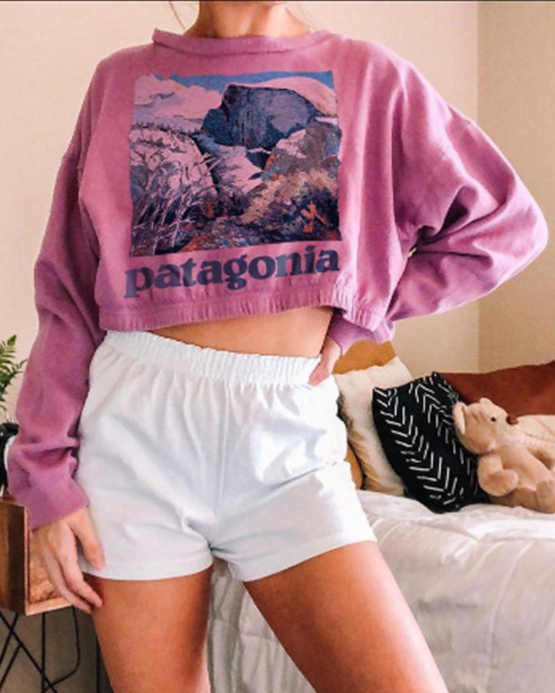 

Print Long Sleeve Cropped T-shirt, Pink
