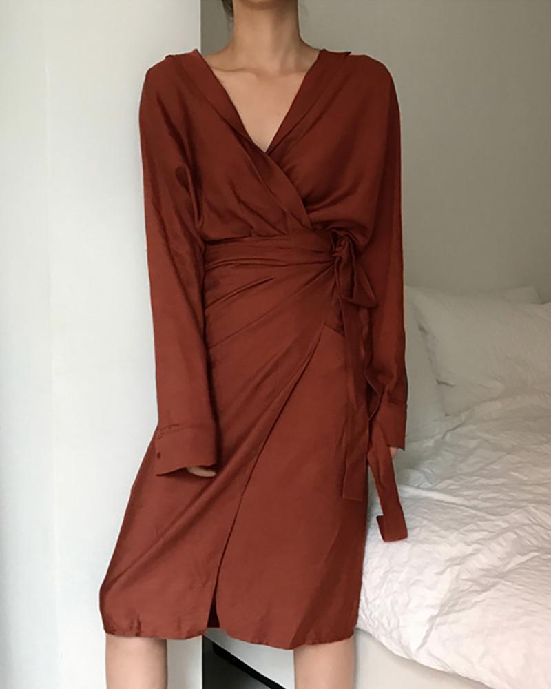 

Tied Detail Long Sleeve Plain Casual Women Dress, Wine red