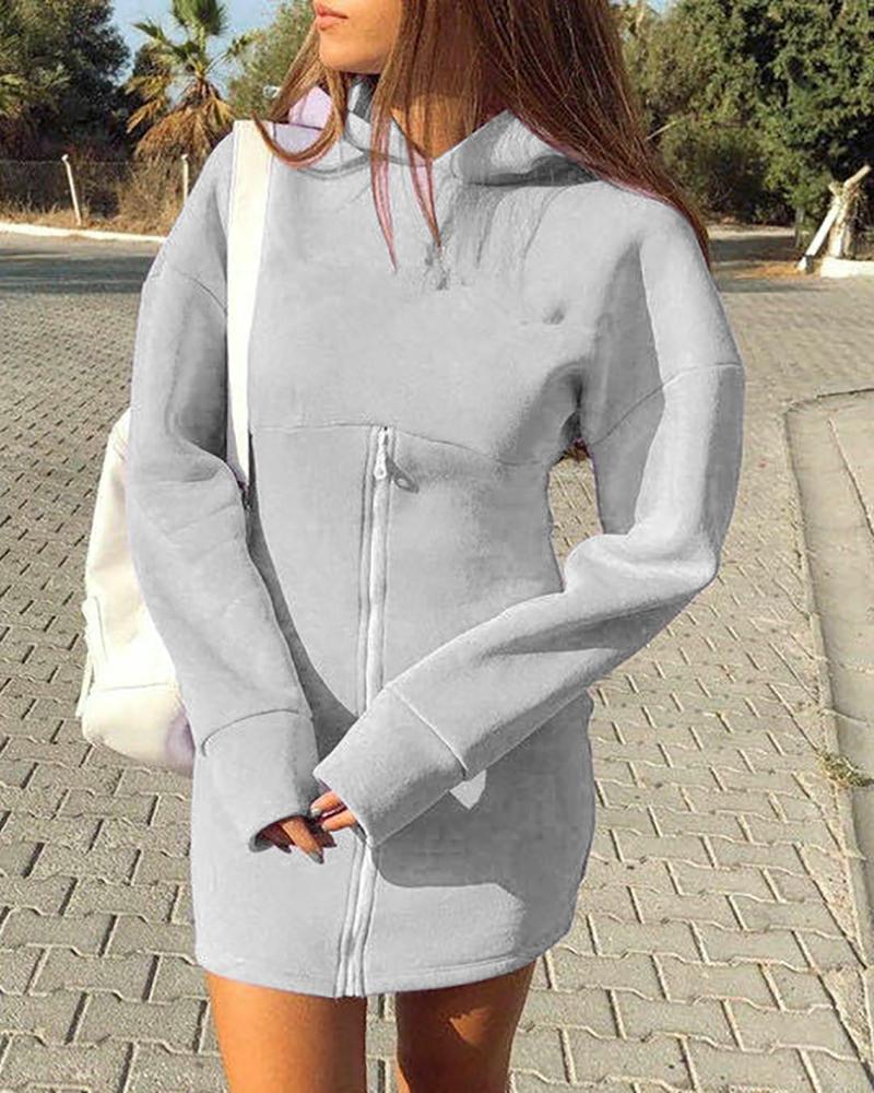 

Plain Long Sleeve Zipper Design Hooded Sweatshirt Dress, Gray
