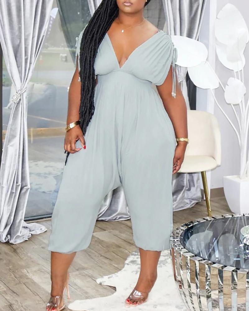 

Short Sleeve Drawstring Ruched Cropped Jumpsuit, Gray