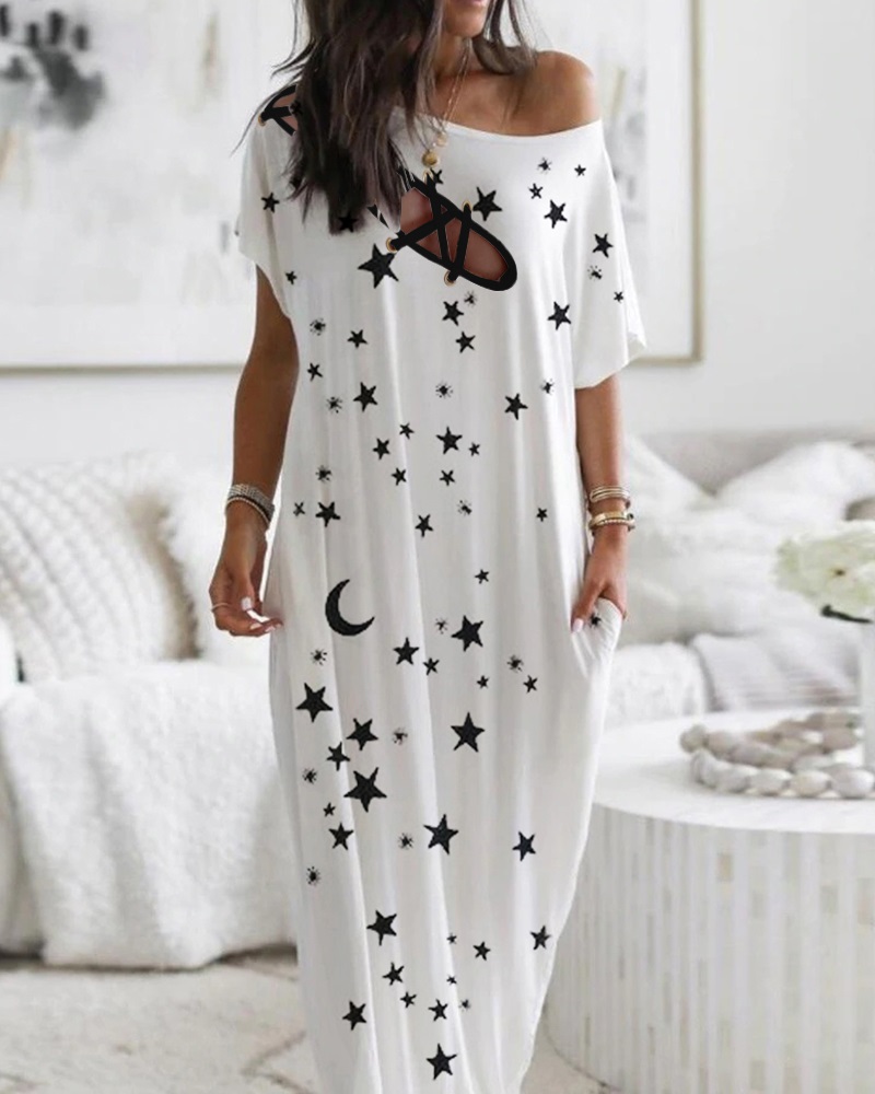 

Stars Print Eyelet Lace-up Casual Women Dress, White