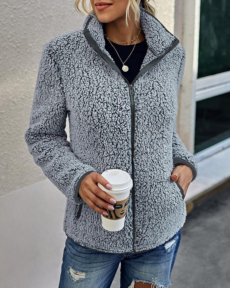 

Zipper Design Long Sleeve Teddy Coat, Blue