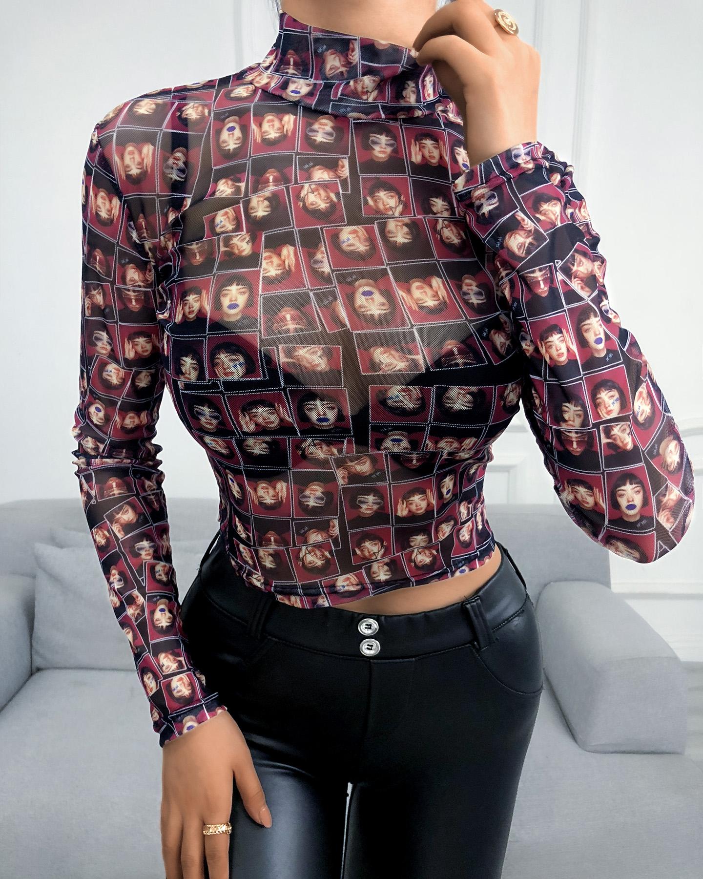 

Figure Print Long Sleeve High Neck Blouse, Red