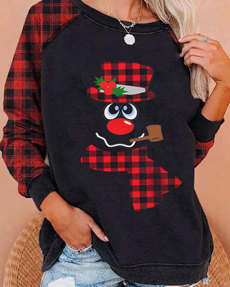 

Christmas Snowman Pattern Plaid Long Sleeve Top, Black