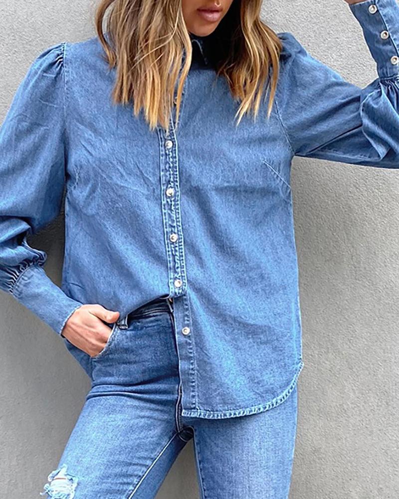 

Button Front Lantern Sleeve Casual Denim Shirt, Blue