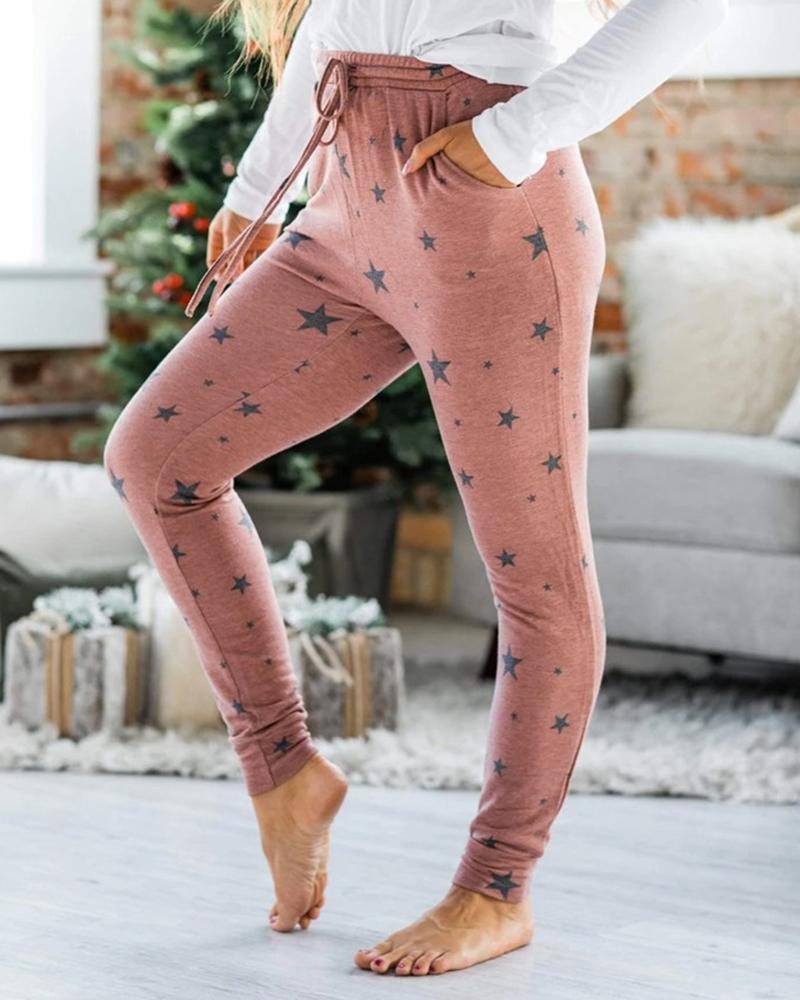 

Drawstring Star Print Casual Pants, Pink