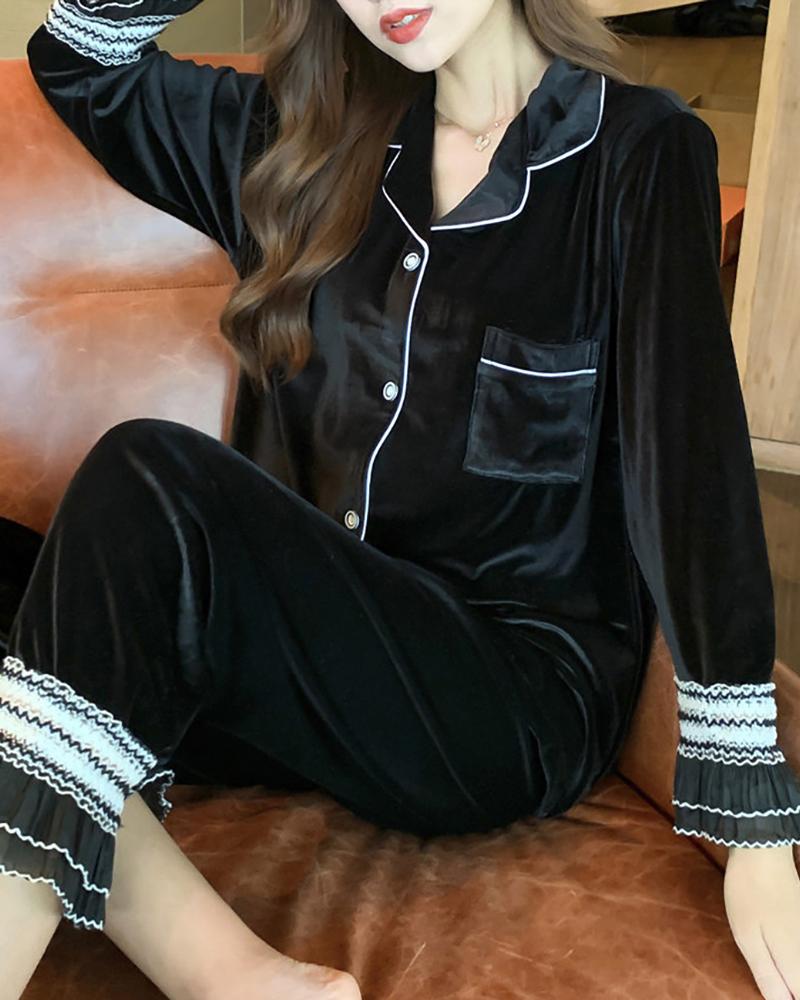 

Colorblock Velvet Long Sleeve Pajamas Set, Black