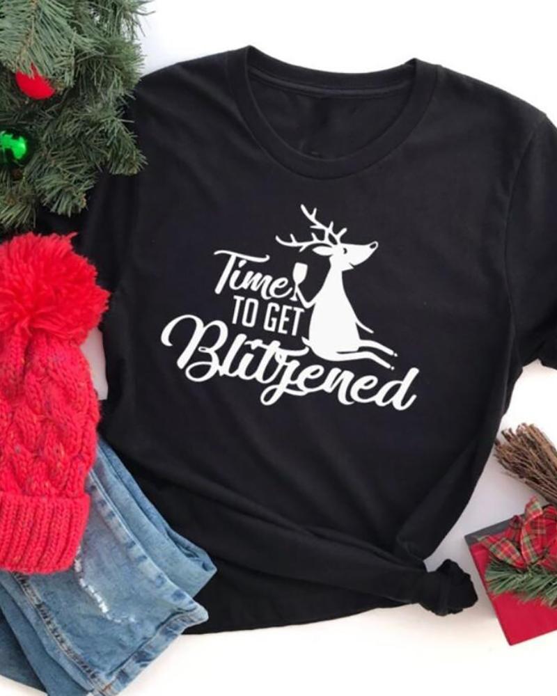 

Christmas Letter Print Short Sleeve Casual T-Shirt, Black
