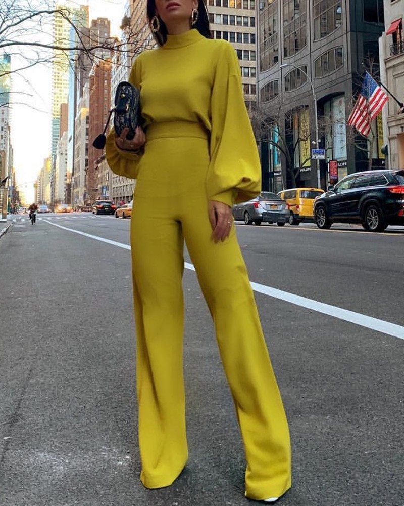 solid lantern sleeve mock neck jumpsuits