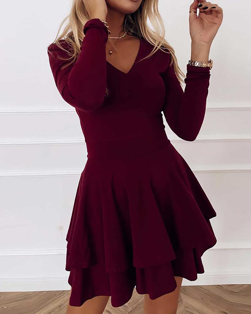 

Plain Ruffle Hem V-Neck Long Sleeve Dress, Wine red