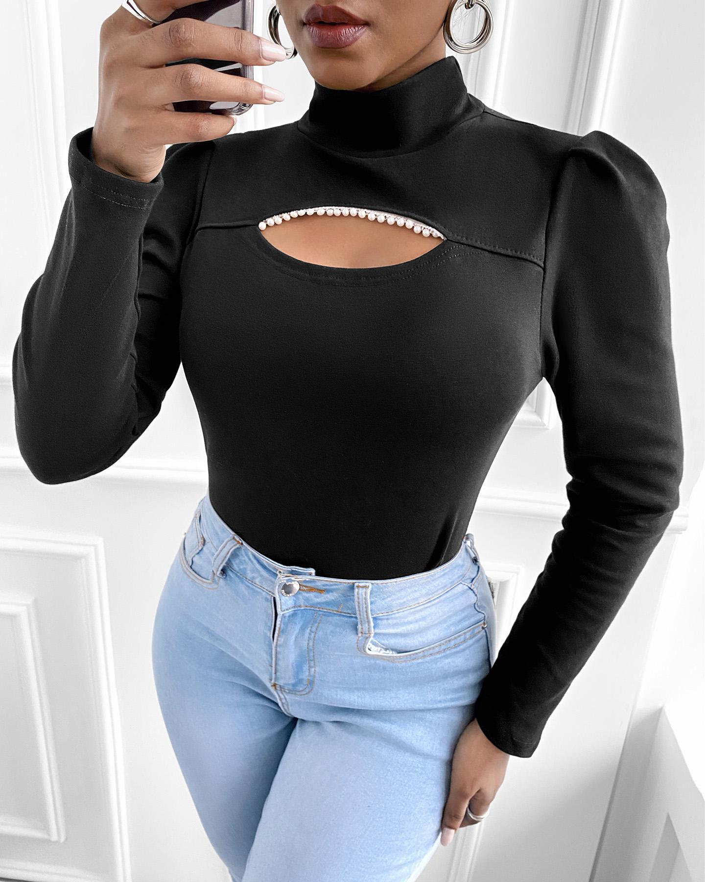 

Cutout Front Beaded Women Top, Black