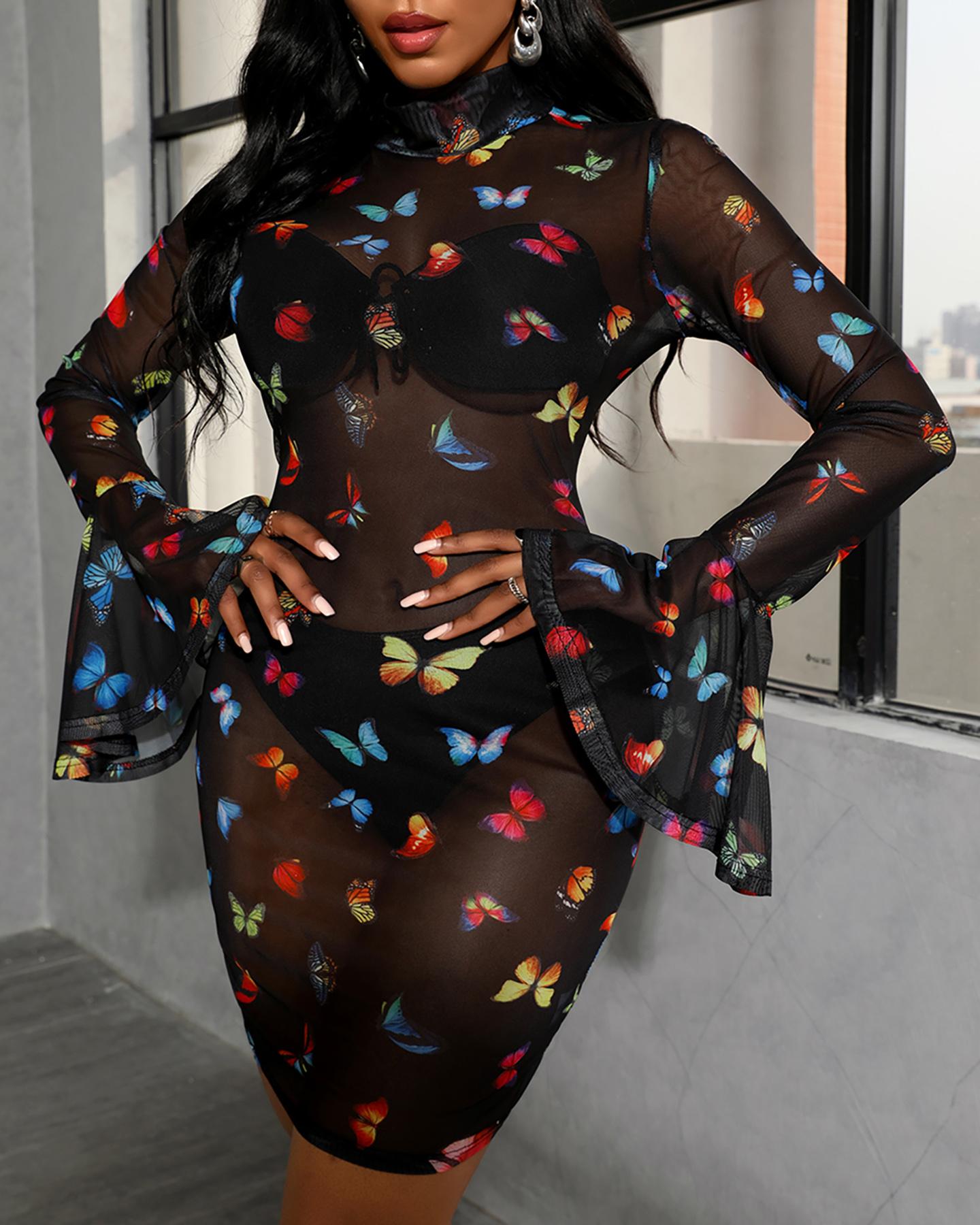

Butterfly Print Sheer Mesh Long Sleeve Bodycon Dress, Black