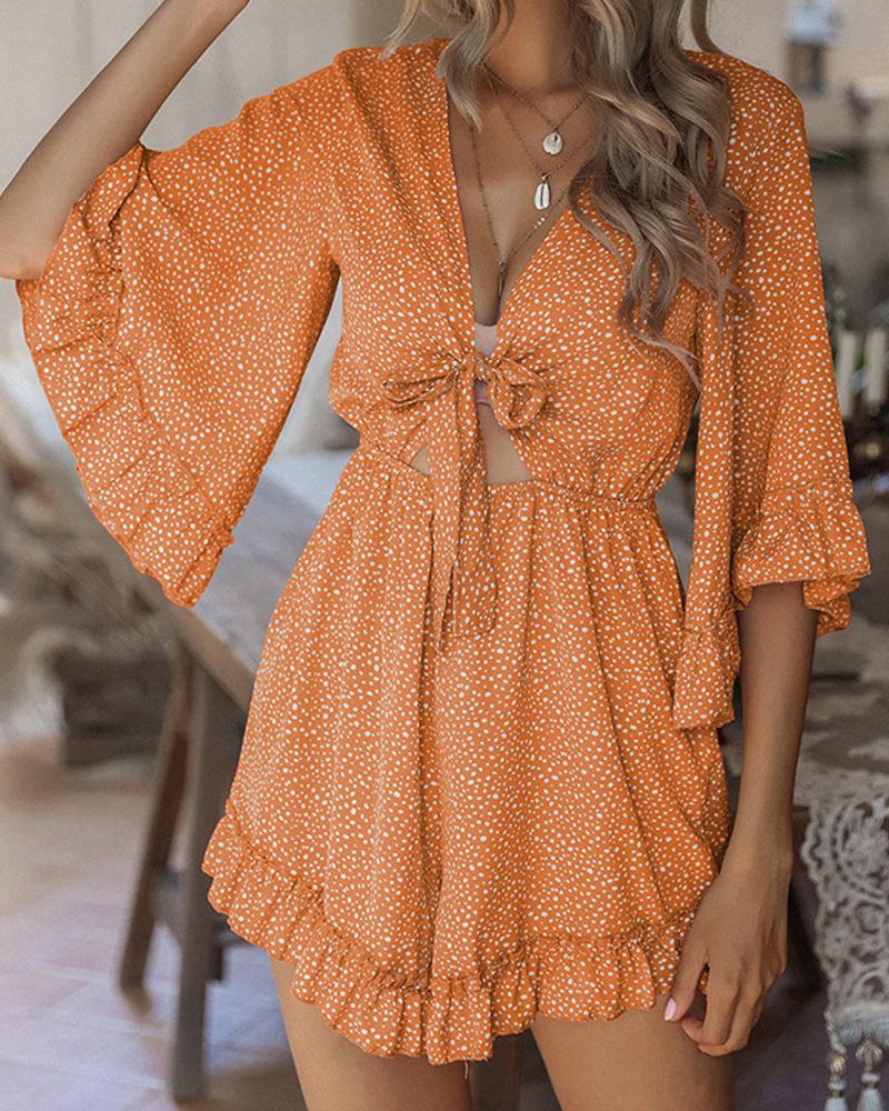 

All Over Print Lace-up Skinny Waist Ruffle Sleeve Romper, Orange