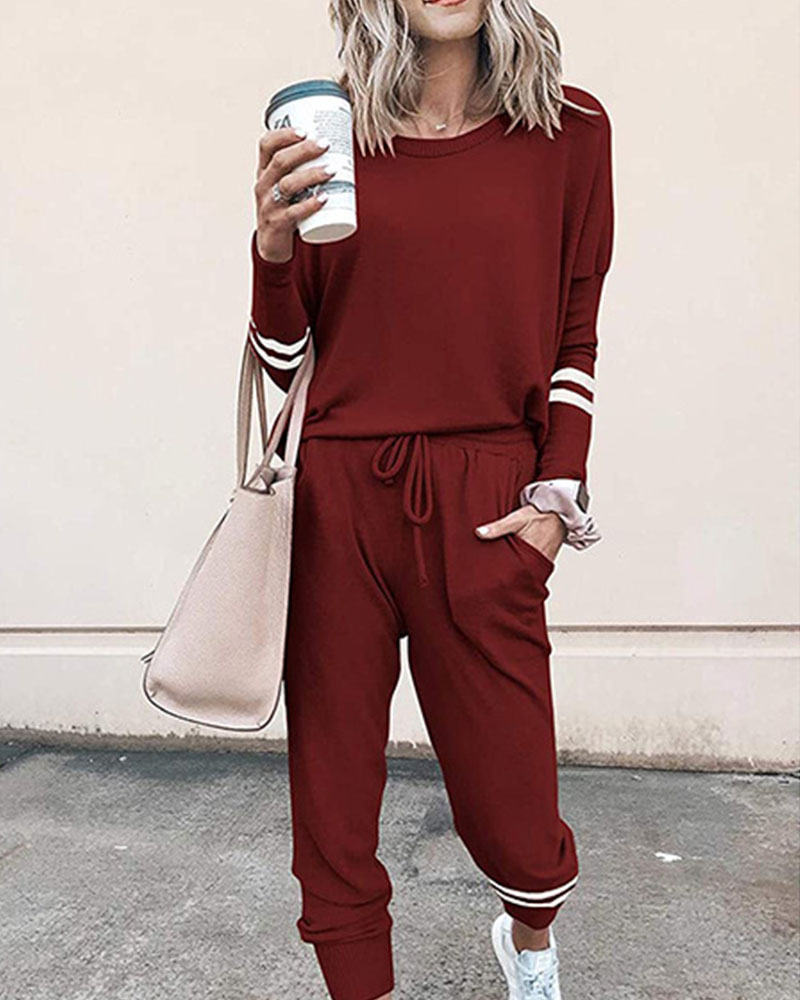 

Solid Long Sleeve T-shirt With Pants Suit Sets, Wine red
