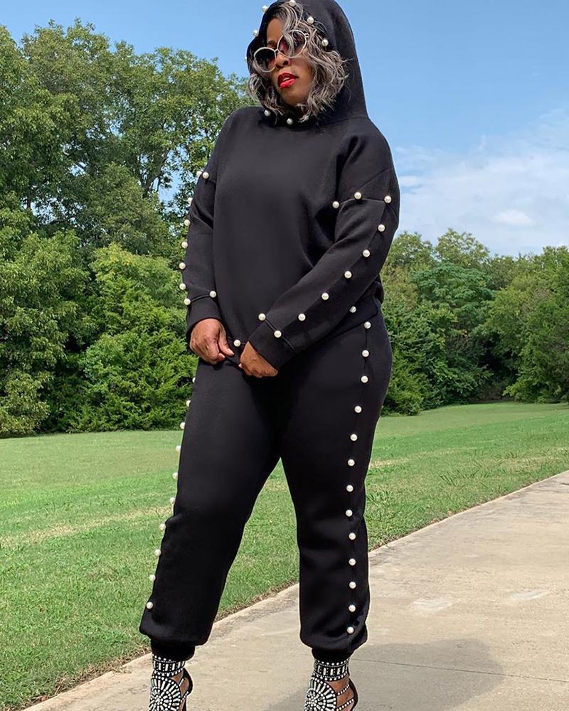 

Beaded Long Sleeve Hoodie & Pocket Design Pants Set, Black