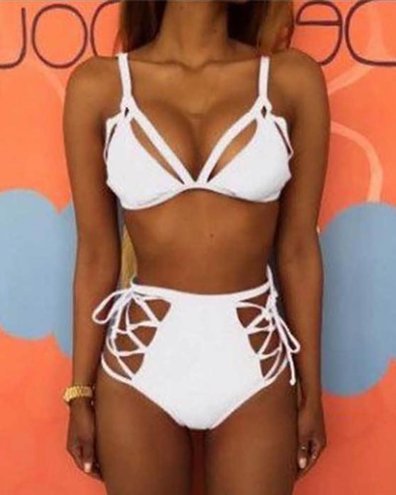 

Lace-Up High Waist Bikini Set, White