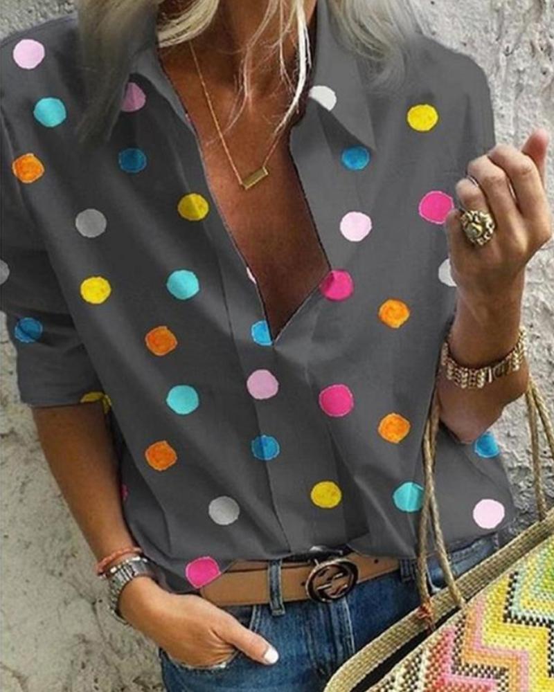 

Multicolor Dot Long Sleeve Button-up Blouse, Gray