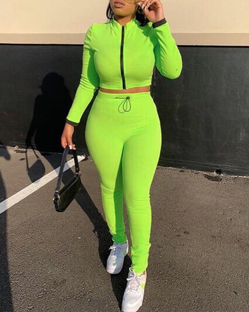 

Solid Long Sleeve Skinny Coats With Skinny Pants Suit Sets, Green