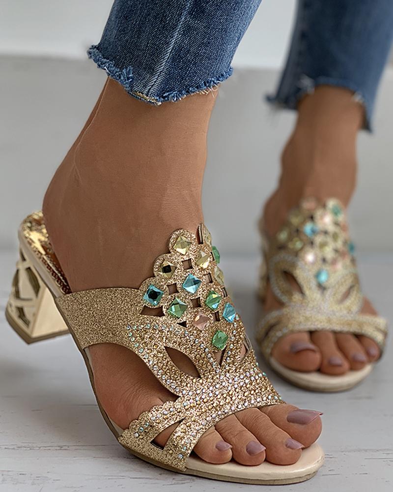 

Glitter Rhinestone Cutout Chunky Heel, Gold