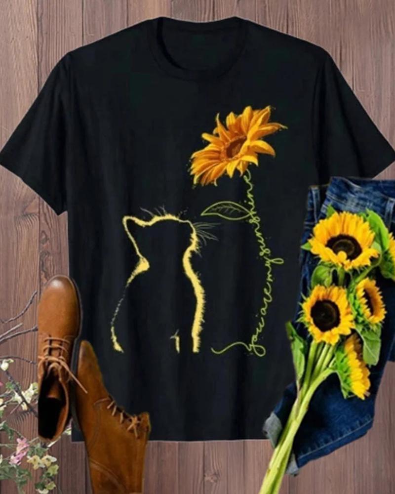 

Cat Sunflower Print Short Sleeve T-shirt, Black
