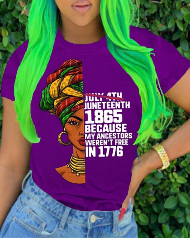 

Figure Letter Print Casual T-shirt, Purple