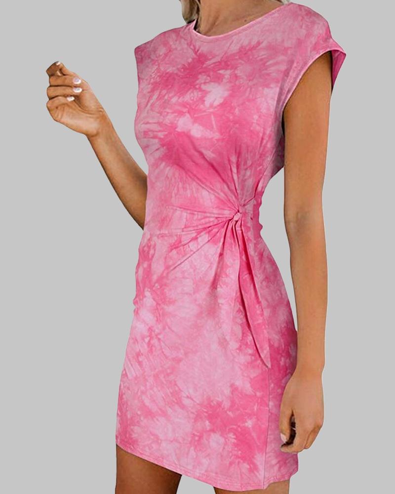 

Tie Dye Print Skinny Waist Short Sleeve Mini Dress, Hot pink