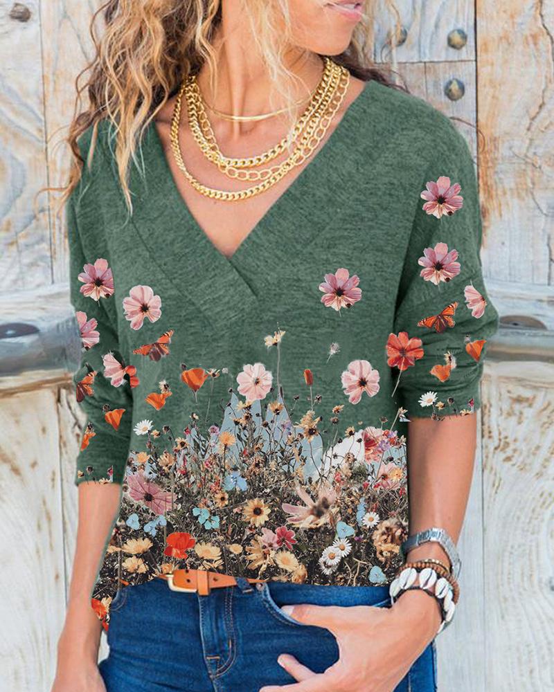 

Multicolor Floral Print Long Sleeve Blouse, Green