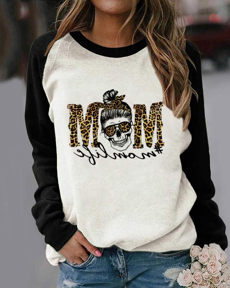 

Leopard Letter Print Long Sleeve T-shirt, White