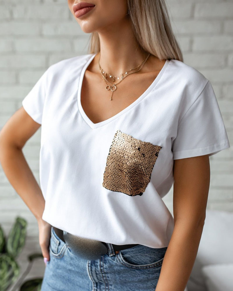 

Sequins V-Neck T-Shirt, White
