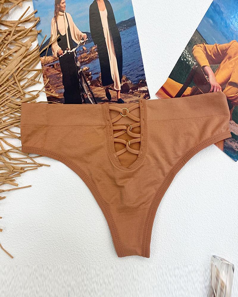 

Mid-waist O-Ring Lace-up Breathable Underwear Panty, Brown
