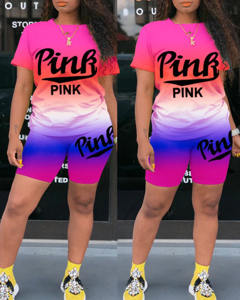 

Ombre Colorblock Letter Print Top & Shorts Set, Hot pink