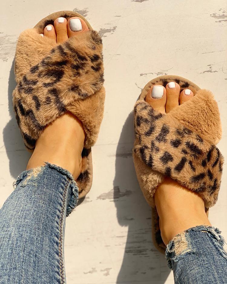 leopard criss cross slippers