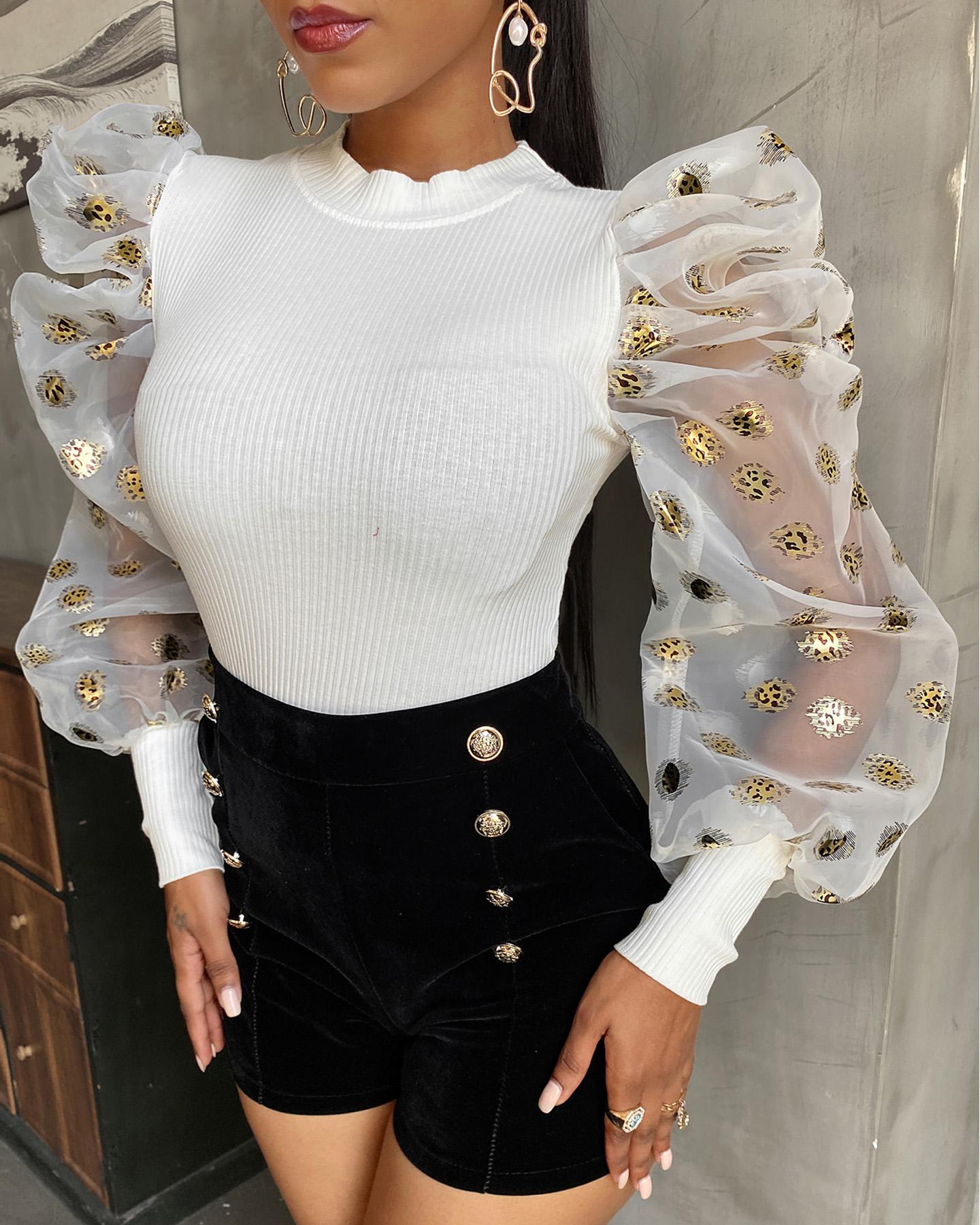 

Puffed Sleeve Sheer Mesh Sweater, White