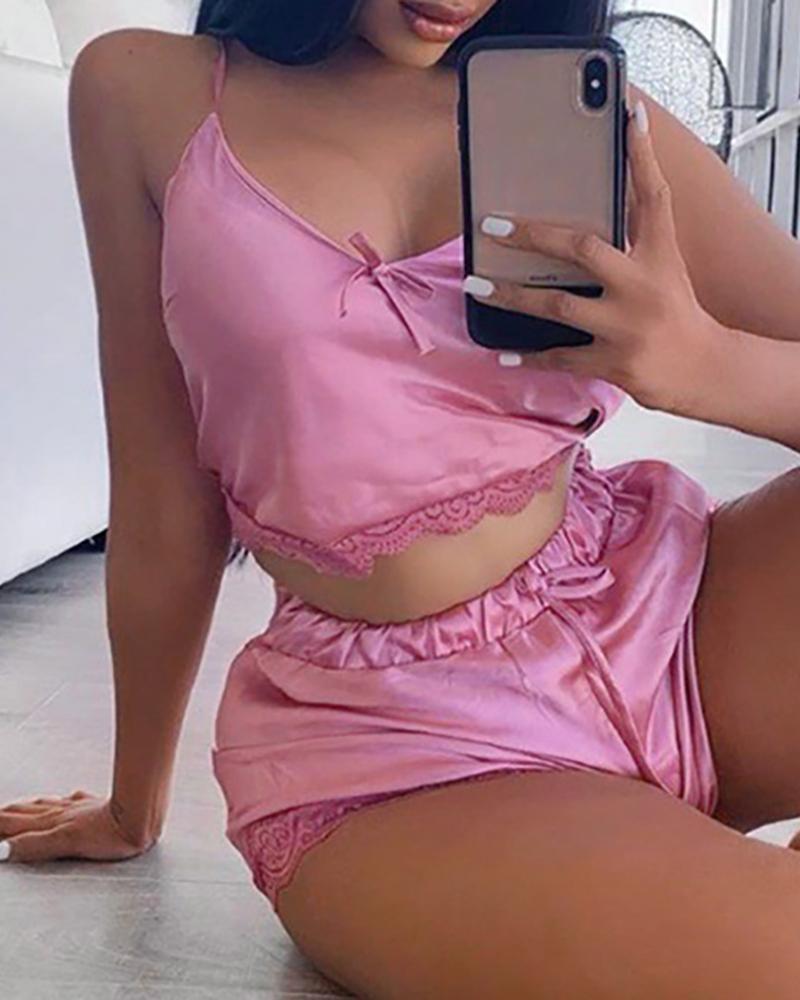 

Lace Trim Plain Drawstring Cami Set, Pink