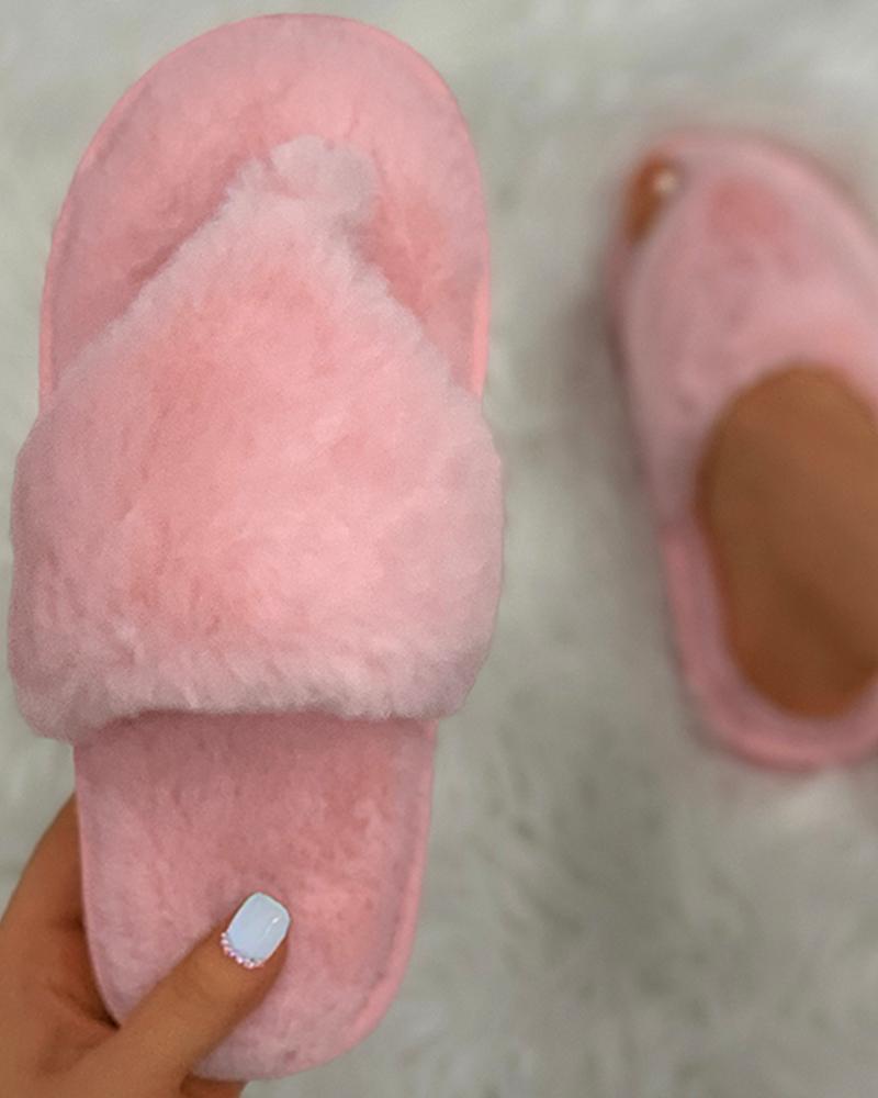 

Plain Toe Post Fluffy Slippers, Pink