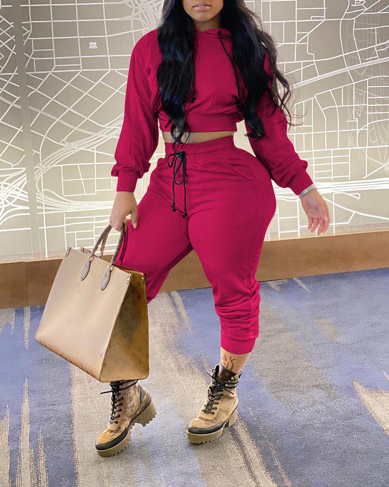 

Solid Long Sleeve Sweatshirt With Harem Pants Suit Sets, Hot pink