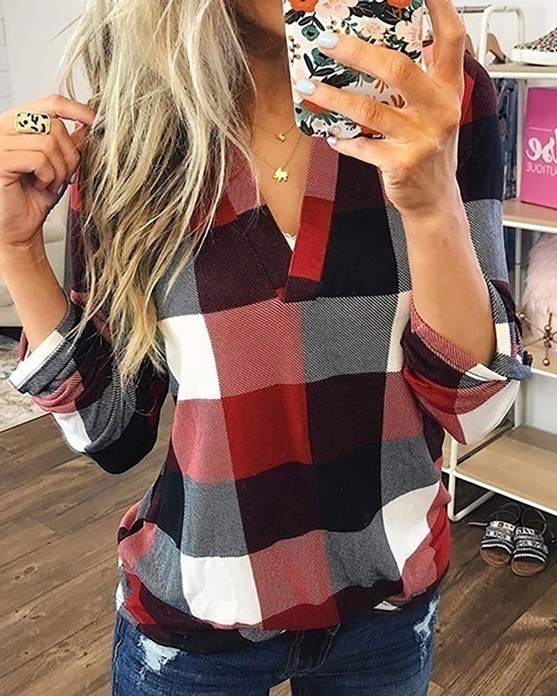 Grid Print V-Neck Casual Blouse