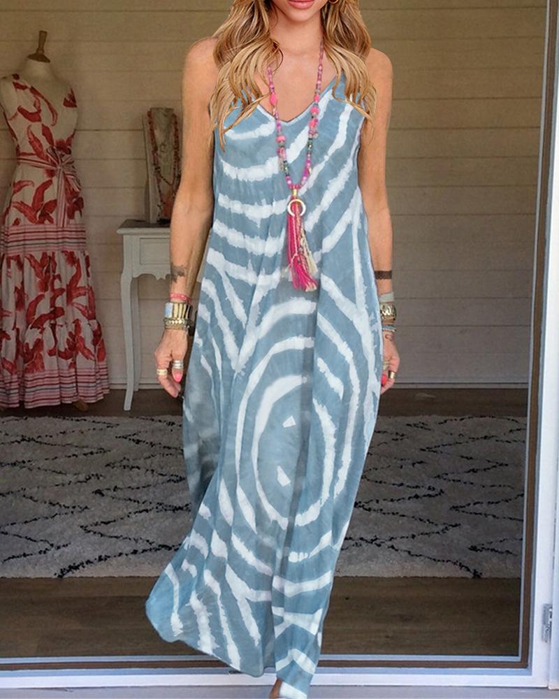 

Spaghetti Strap Tie Dye Print Backless Maxi Dress, Gray