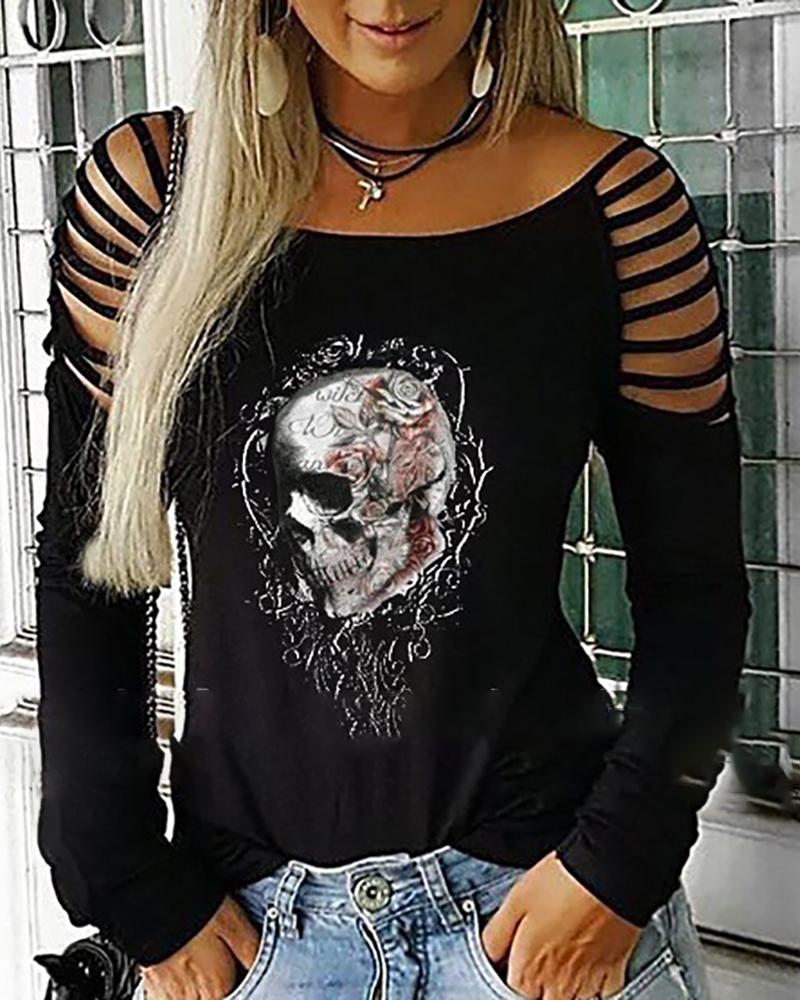

Skull Print Ladder Cutout Top, Black