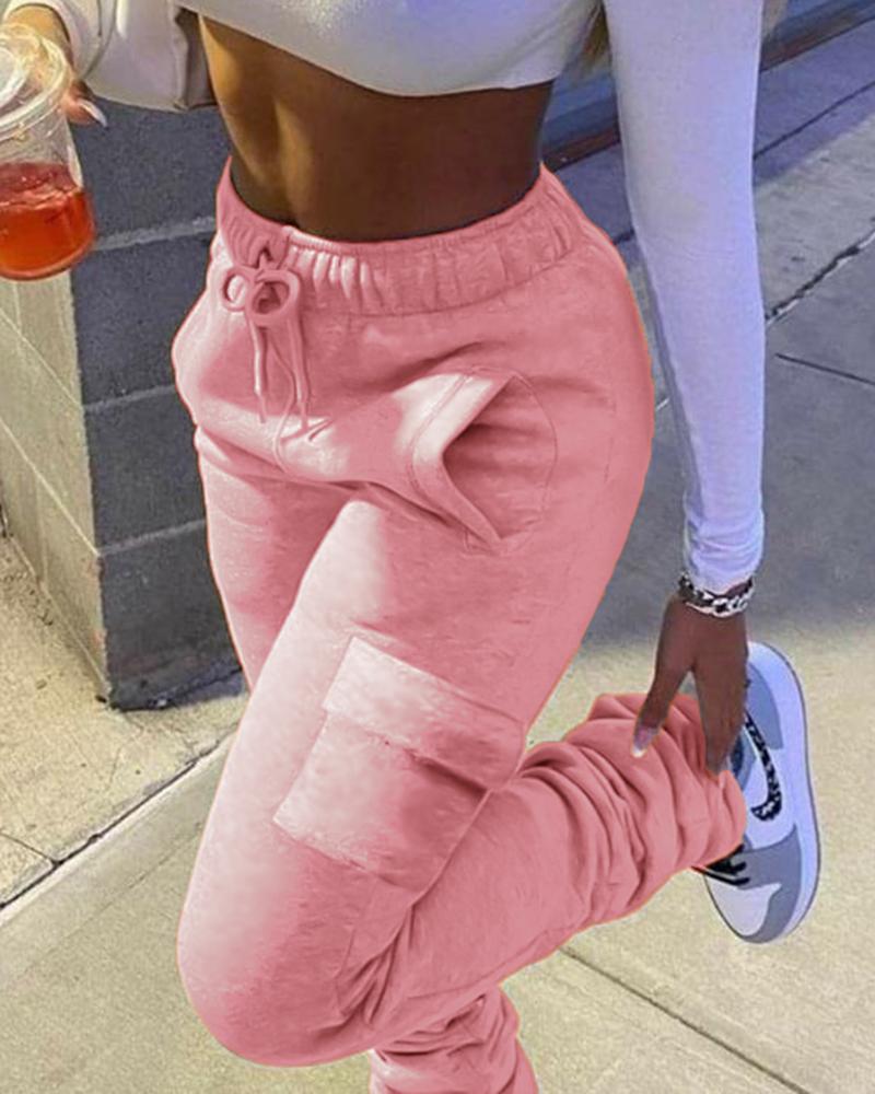 

Pocket Design Drawstring Fold Sweatpants, Pink