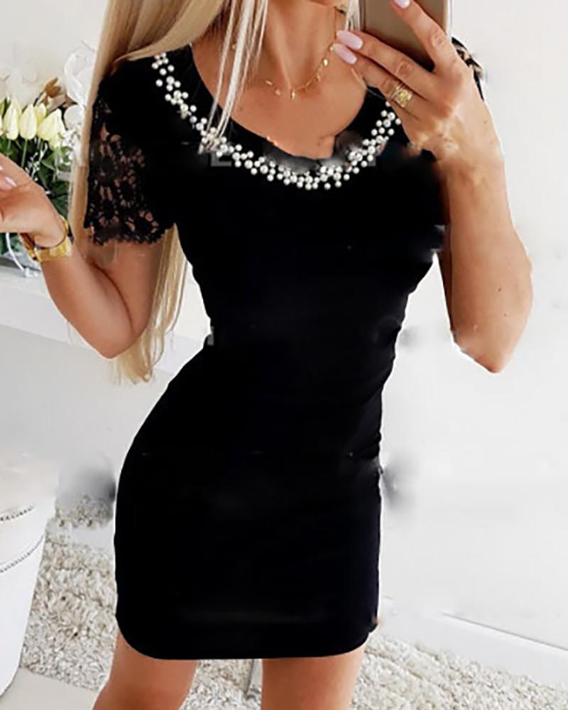 

Beaded Crochet Lace Short Sleeve Bodycon Dress, Black