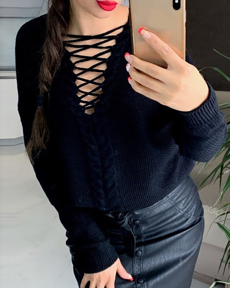 

Plain Lace-up Long Sleeve Sweater, Black