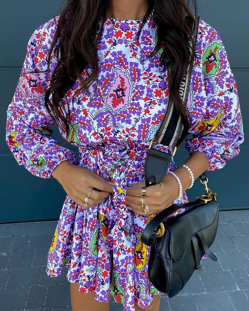 

Floral Print Long Sleeve Casual Dress, Purple