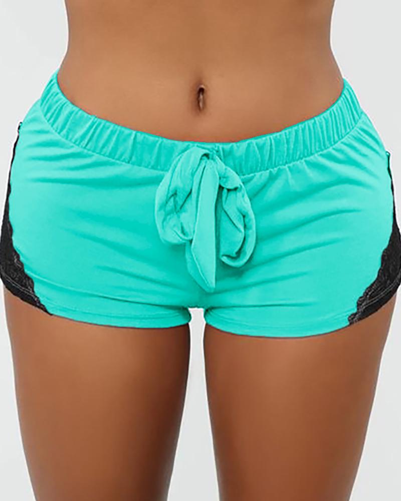 

Corchet Lace Colorblcok Drawstring Sporty Shorts, Light blue