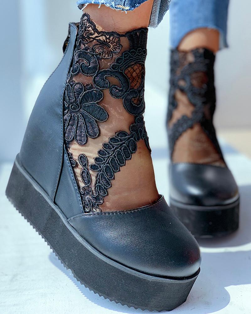 

Crochet Lace Zipper Design Wedges Shoes, Black