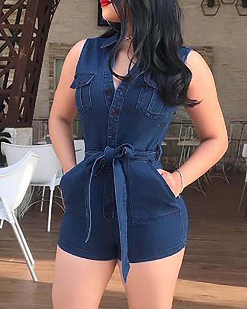 Sleeveless Vneck Belted Denim Romper Online. Discover hottest trend