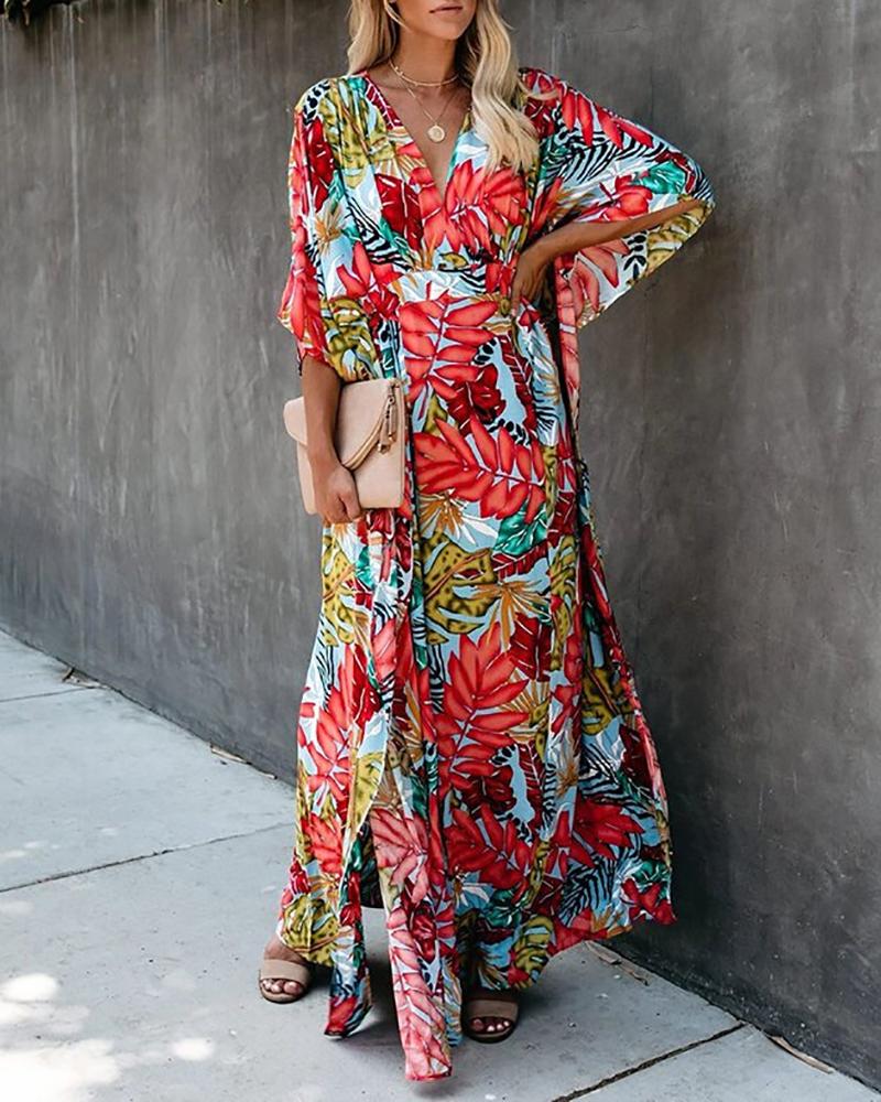 

Tropical Print Wrap Long Sleeve Maxi Dress, Red