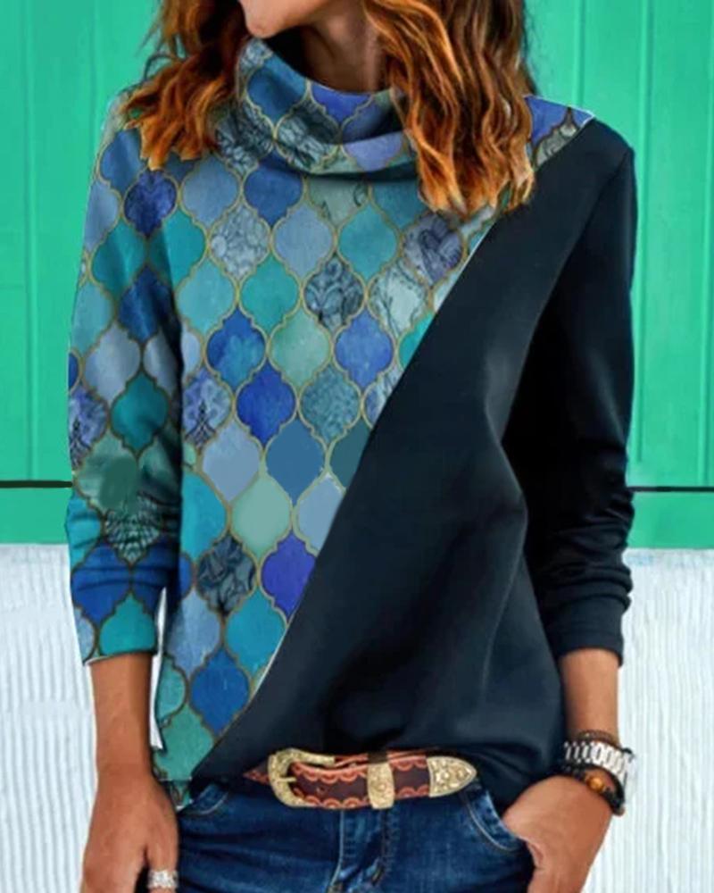 

High Neck Geo Print Colorblock Sweatshirt, Blue